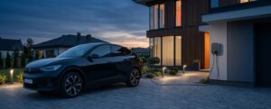 Samochód elektryczny ładowany wieczorem przy domu za pomocą ładowarki naściennej